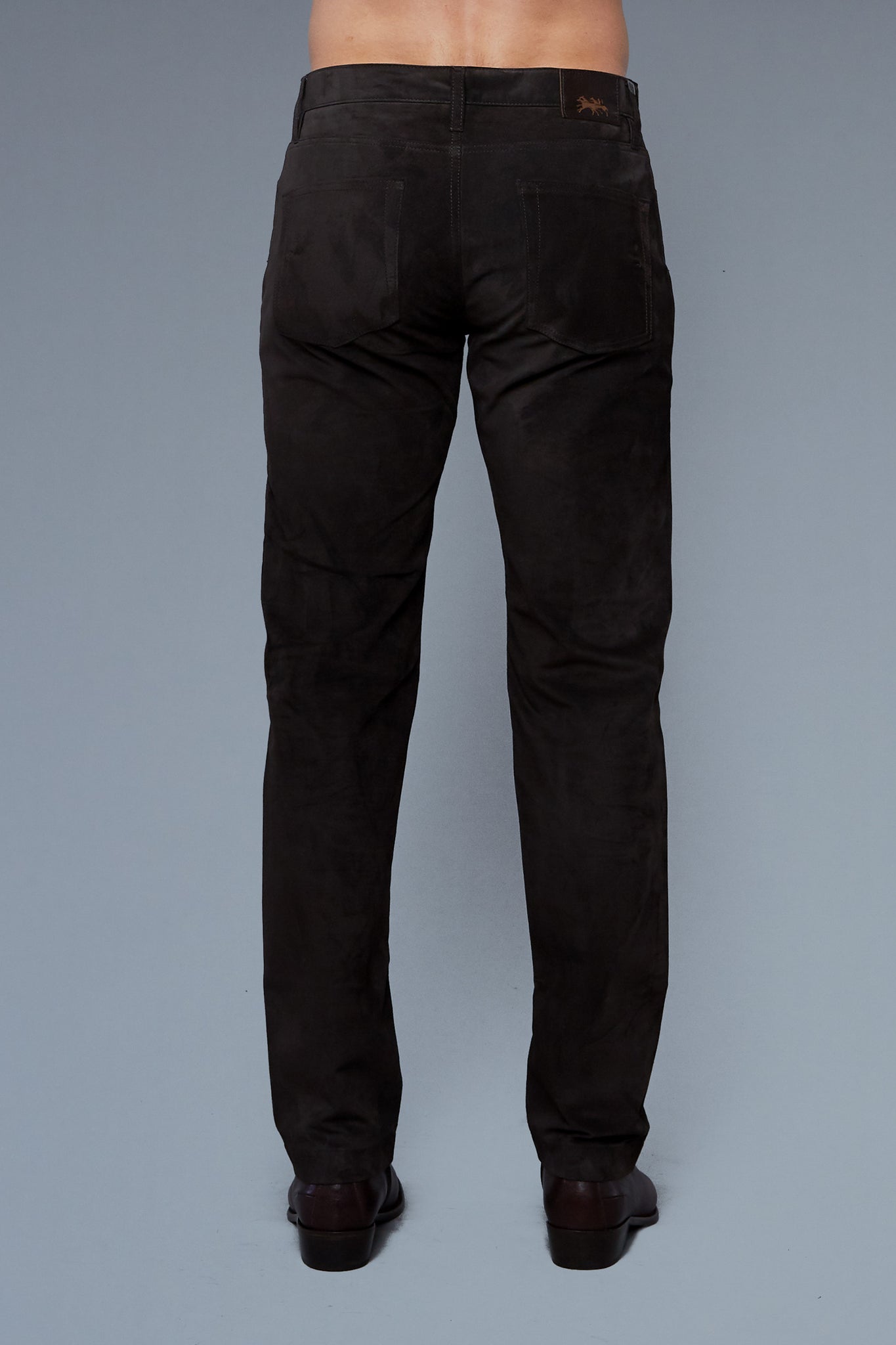 Back View: Model Hans Weiner wearing Suede 5 Pocket Pants