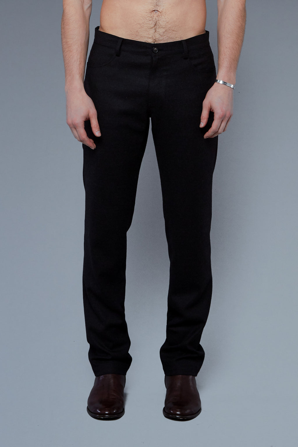 Front View: Model Hans Weiner wearing Wool 5 Pocket Pants