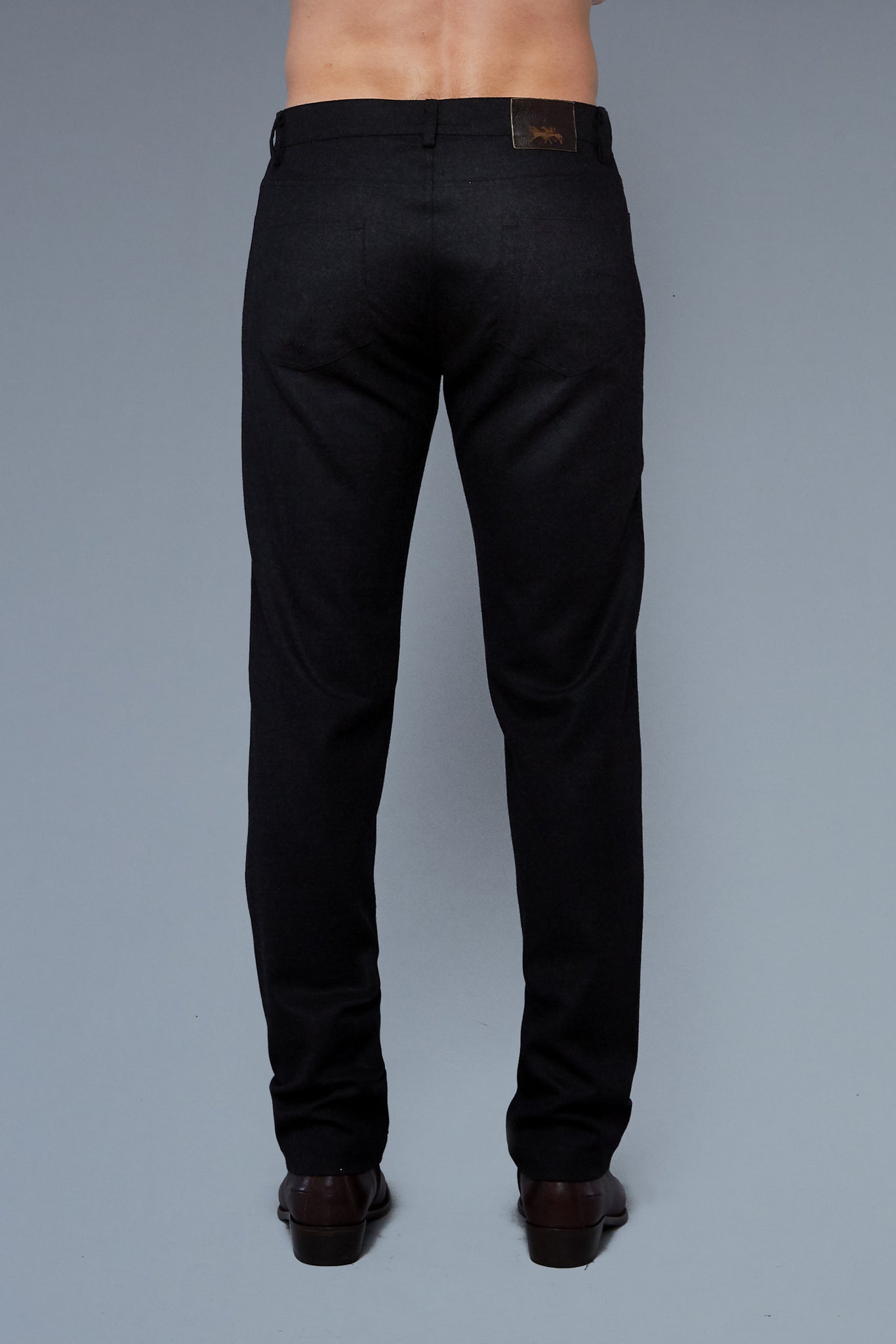 Back View: Model Hans Weiner wearing Wool 5 Pocket Pants