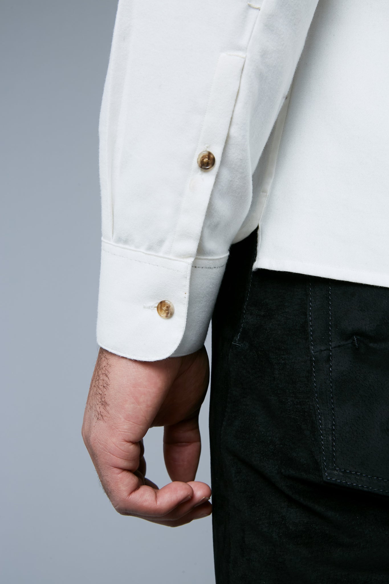 Detail View: Model Tre Boutilier wearing Flannel Greenwich Shirt
