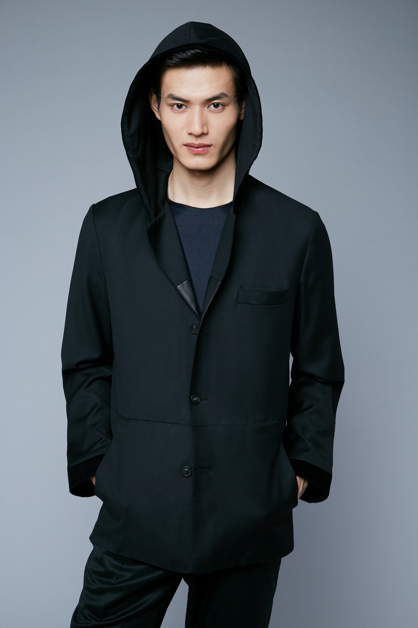 Mood View: Model Qiang Li wearing Wool Hooded Jacket