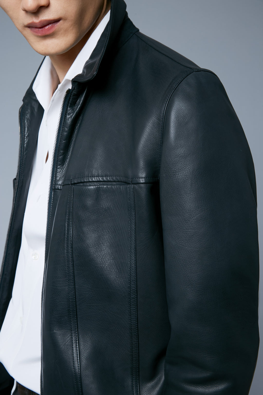 Detail View: Model Qiang Li wearing Leather Supple Jacket
