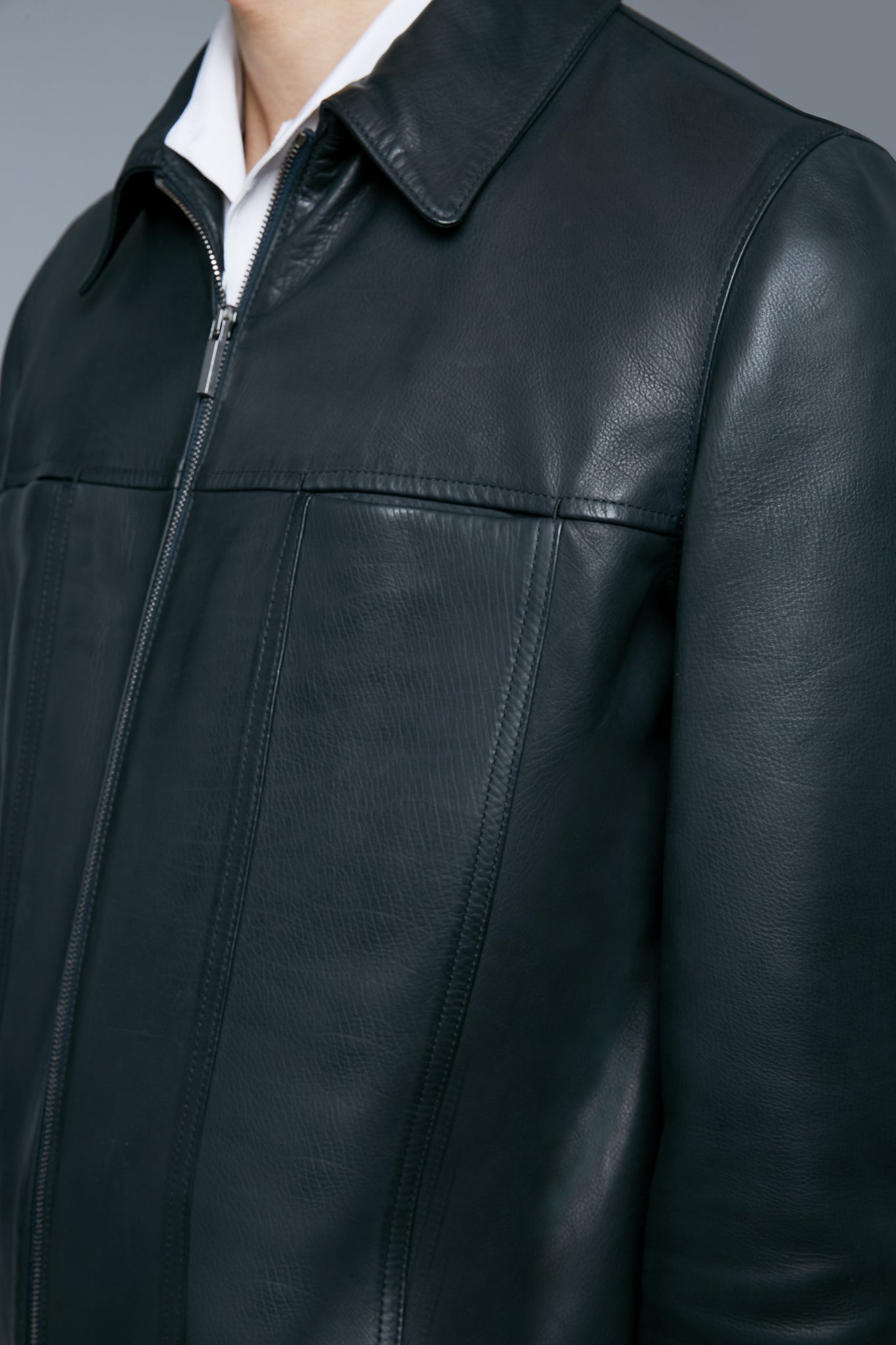 Detail View: Model Qiang Li wearing Leather Supple Jacket