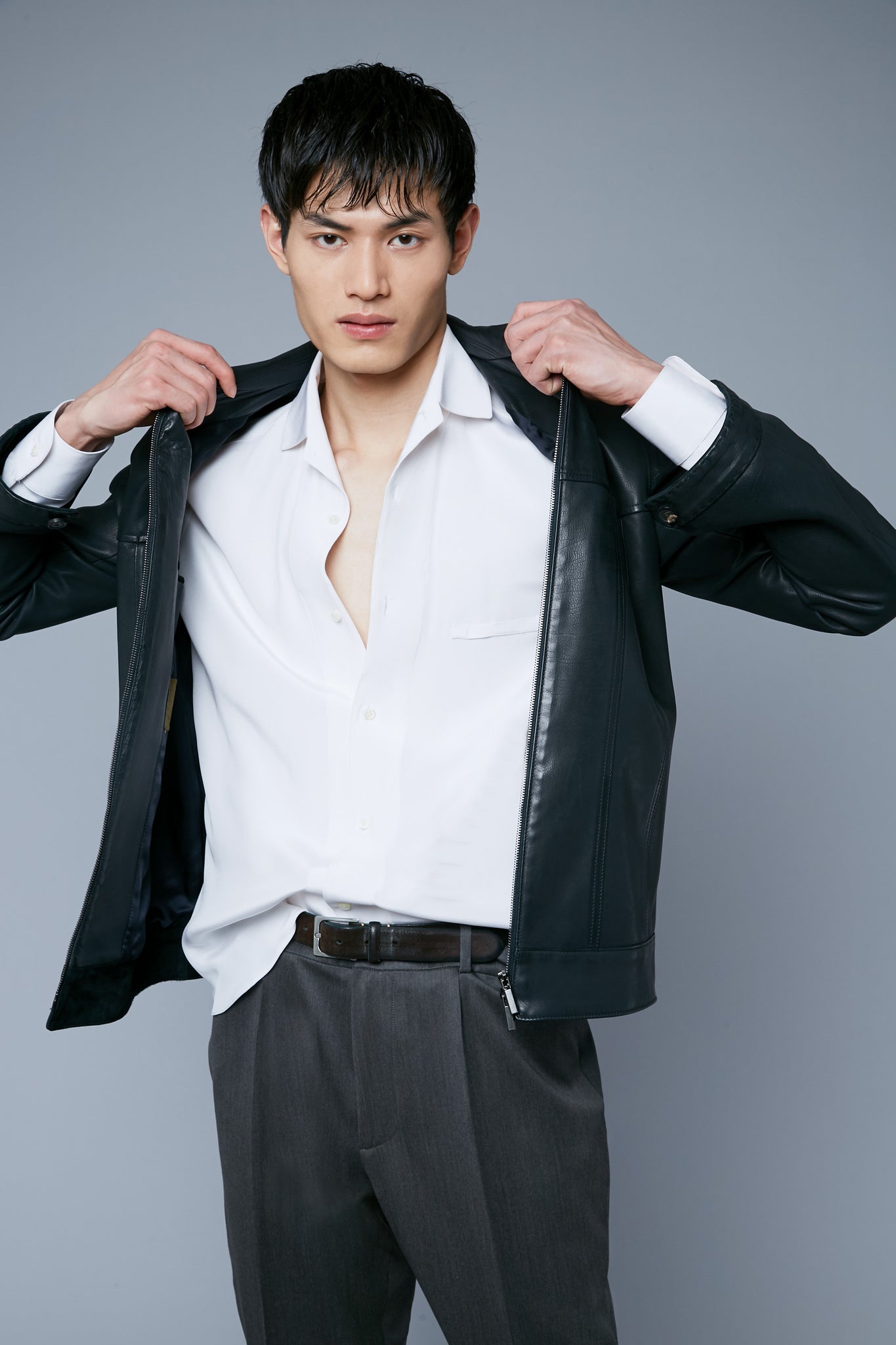 Mood View: Model Qiang Li wearing Leather Supple Jacket