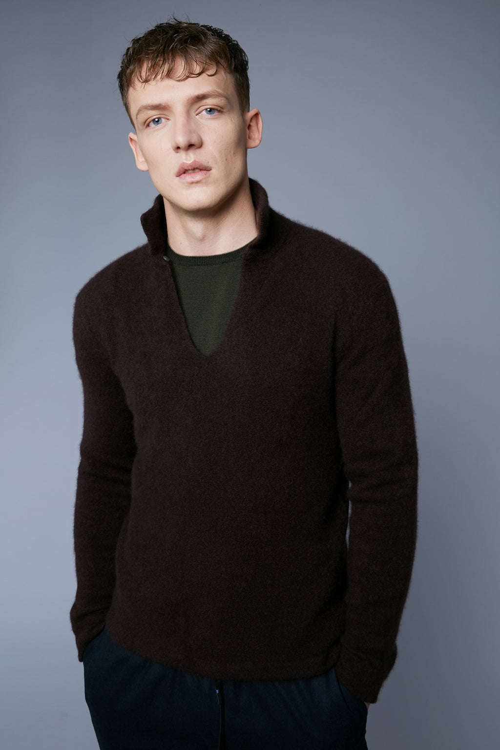 Mood View: Model Milos Drago wearing Cashmere Boucle Sweater