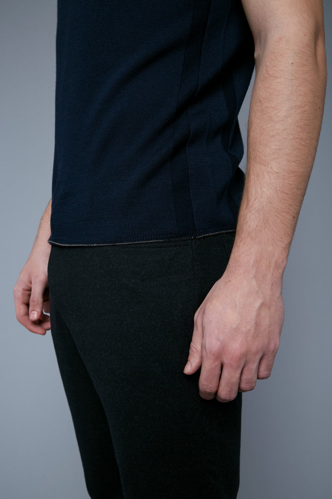 Detail View: Model Milos Drago wearing Short Sleeve Sweater Tee