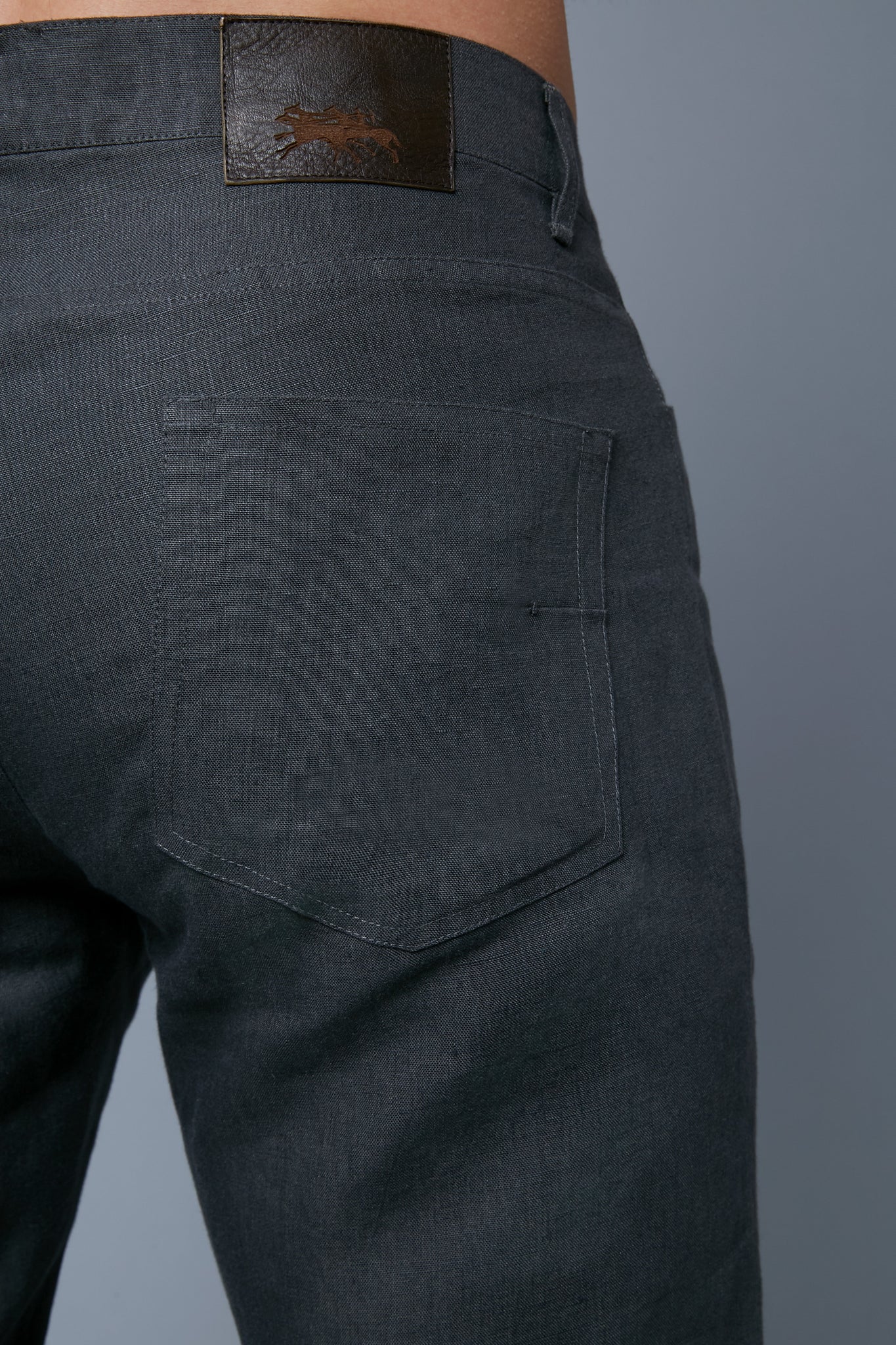 Detail View: Model Hans Weiner wearing Linen 5 Pocket Pants
