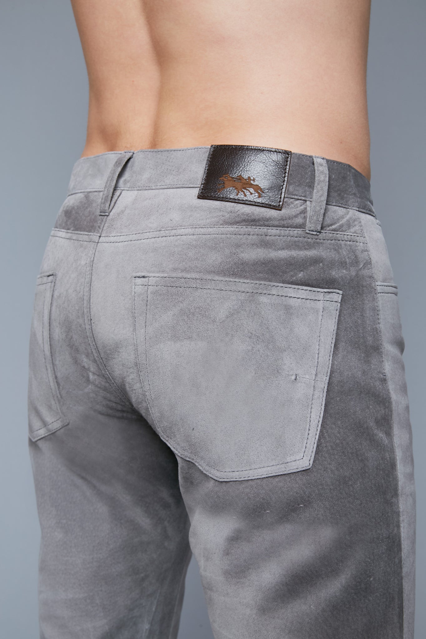 Detail View: Model Hans Weiner wearing Suede 5 Pocket Pants