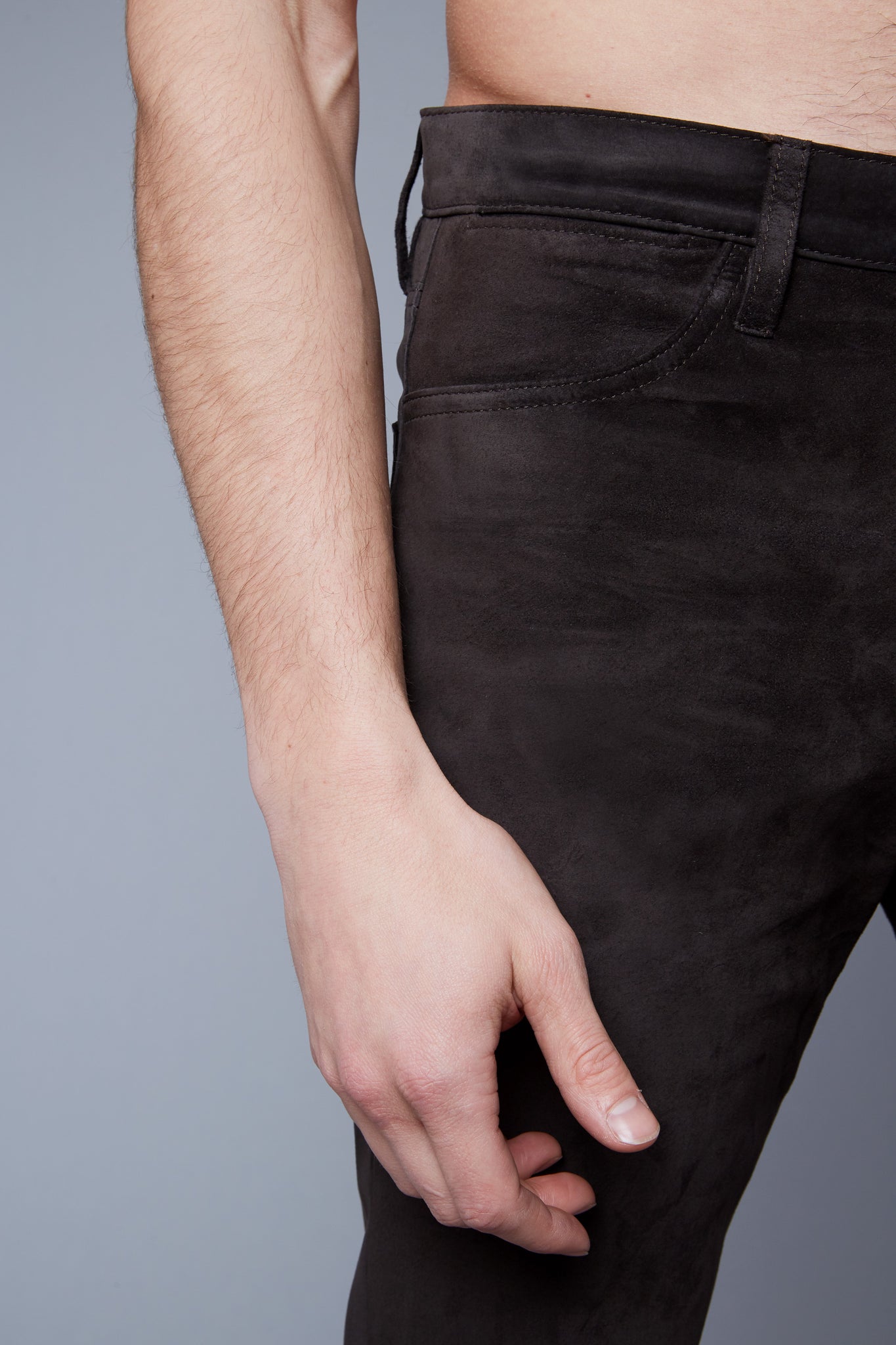 Mood View: Model Hans Weiner wearing Suede 5 Pocket Pants
