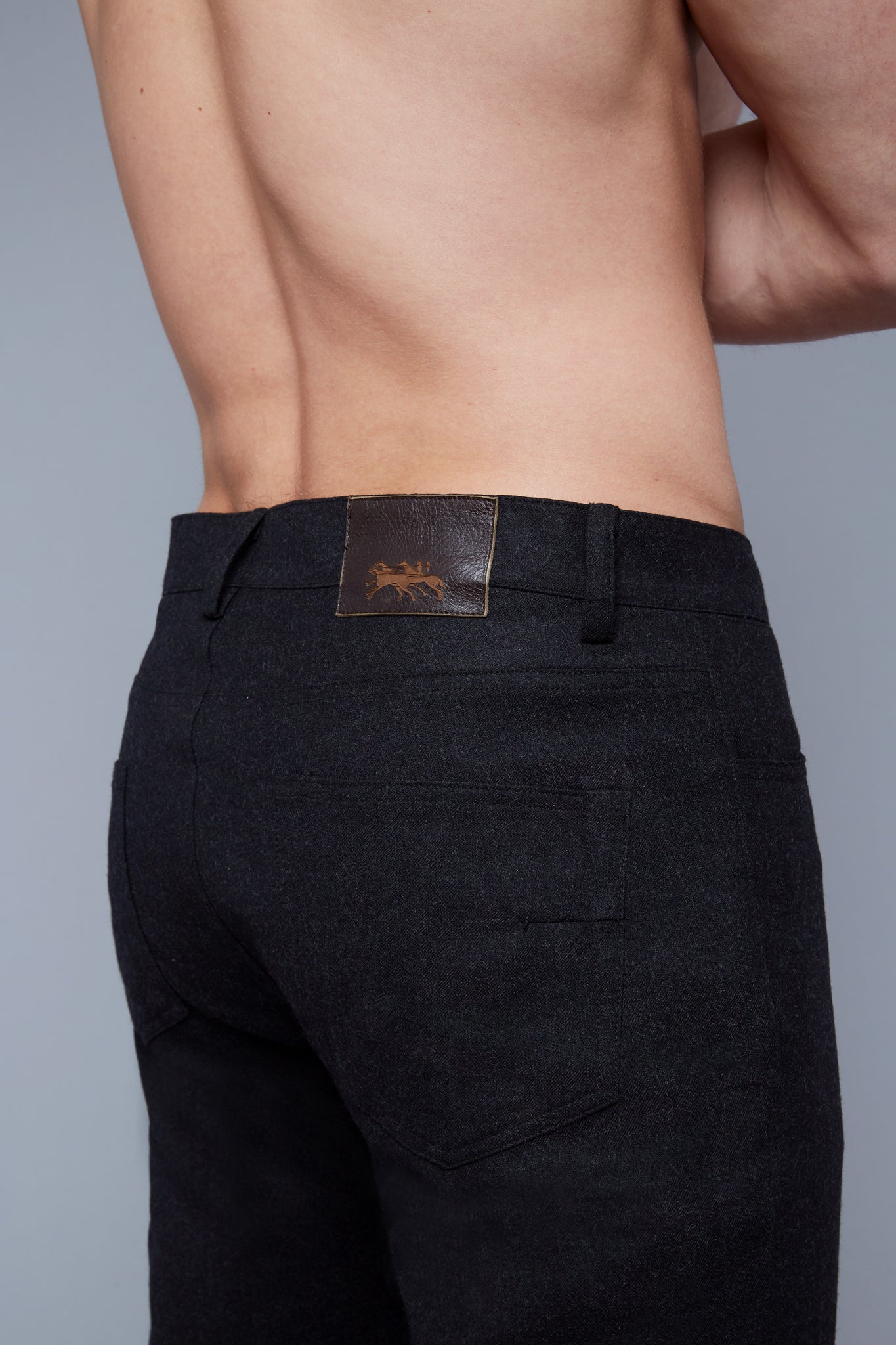 Detail View: Model Hans Weiner wearing Wool 5 Pocket Pants