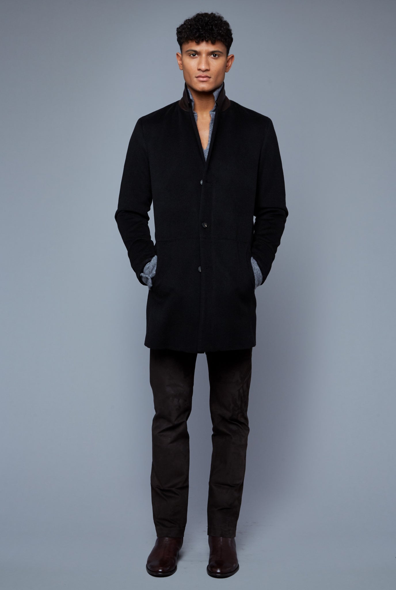 Front View: Model Tre Boutilier wearing Camel Coat