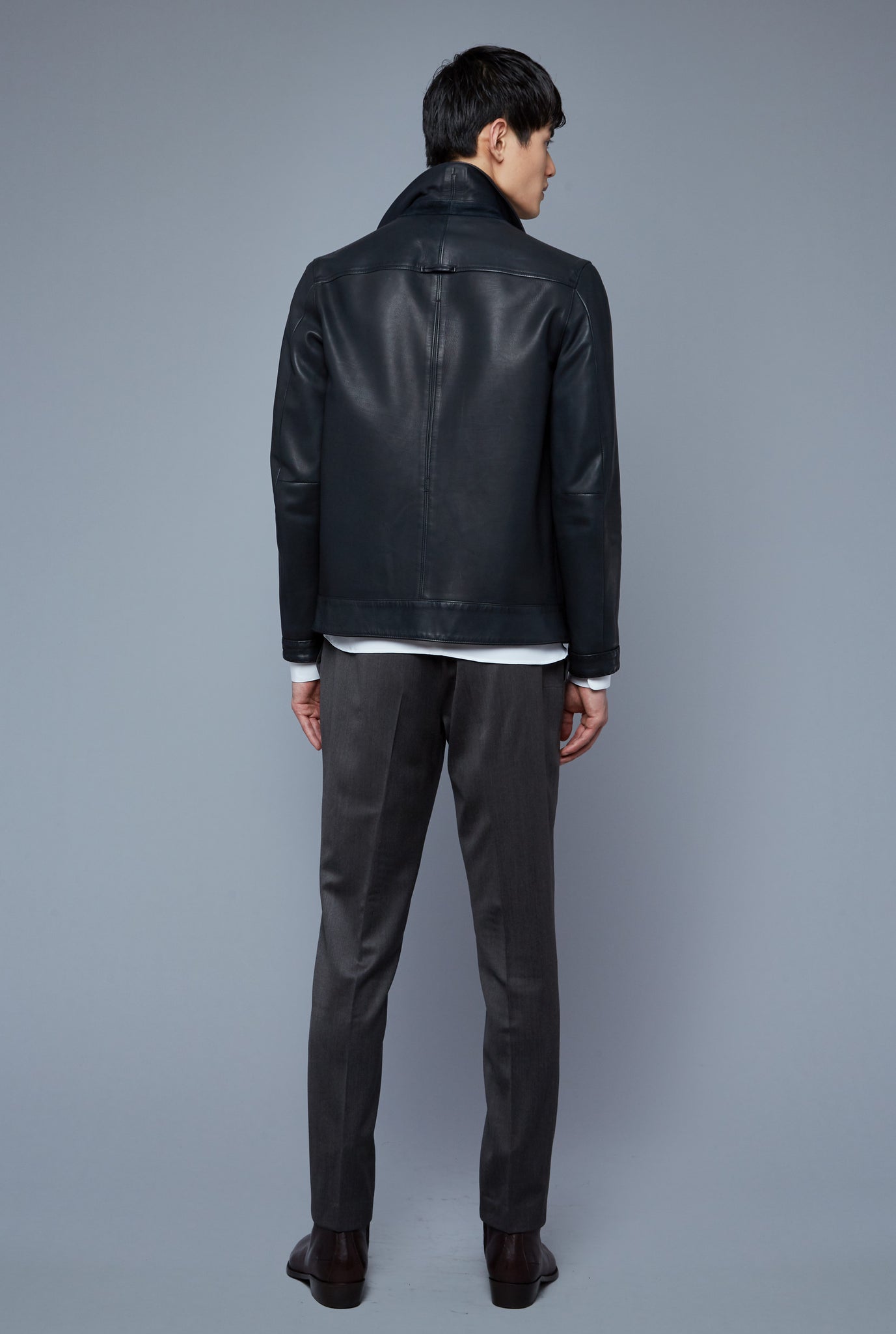 Back View: Model Qiang Li wearing Leather Supple Jacket
