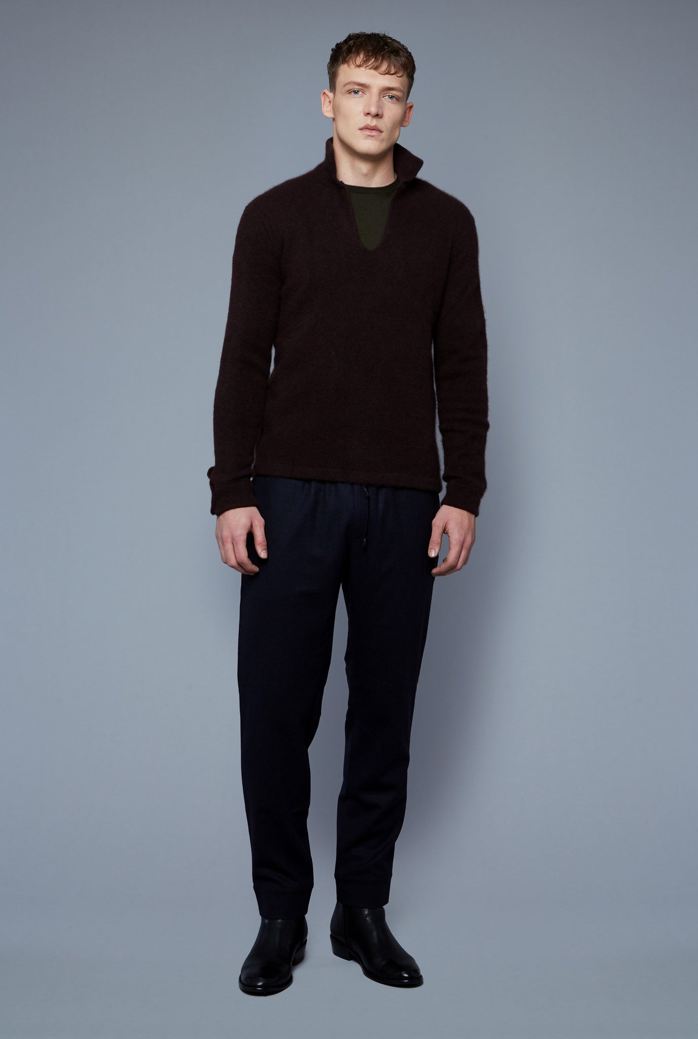Front View: Model Milos Drago wearing Cashmere Boucle Sweater