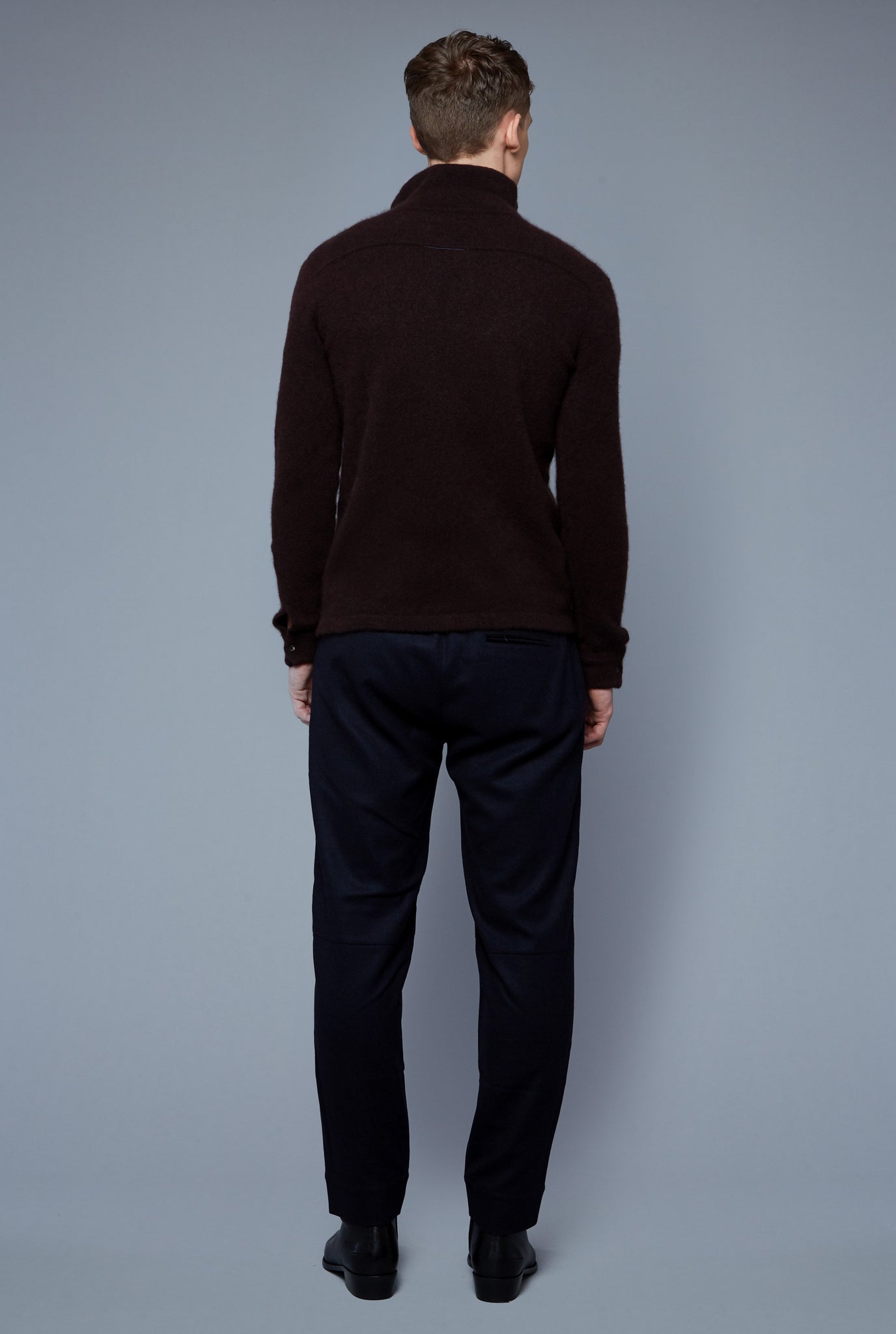 Back View: Model Milos Drago wearing Cashmere Boucle Sweater