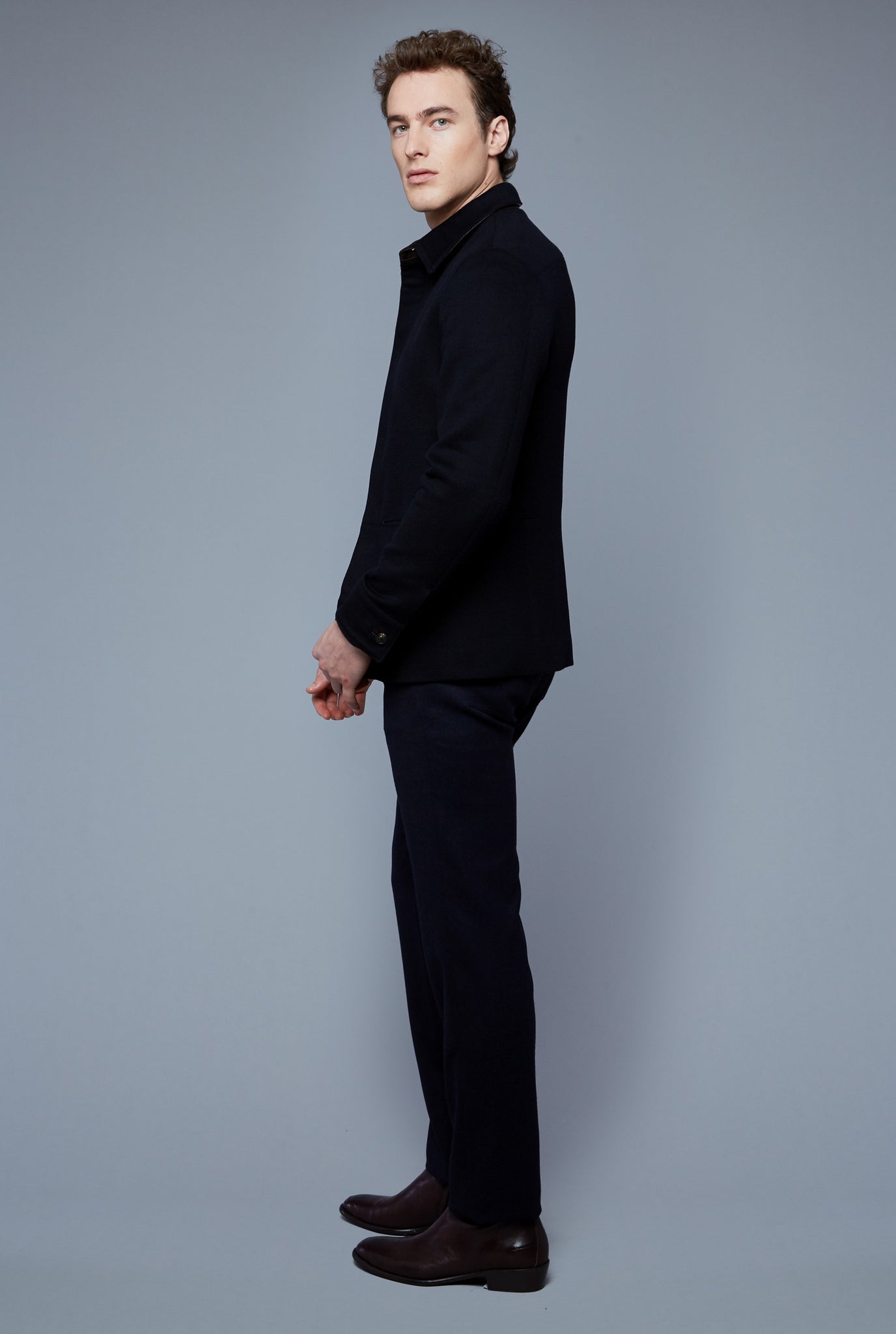 Side View: Model Hans Weiner wearing Téchin Jacket