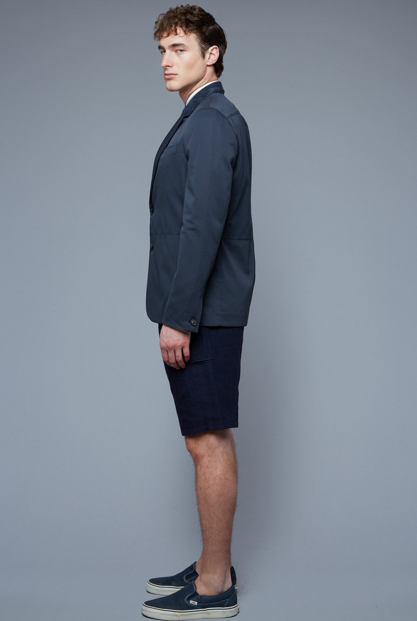 Side View: Model Hans Weiner wearing Peak Summer Jacket