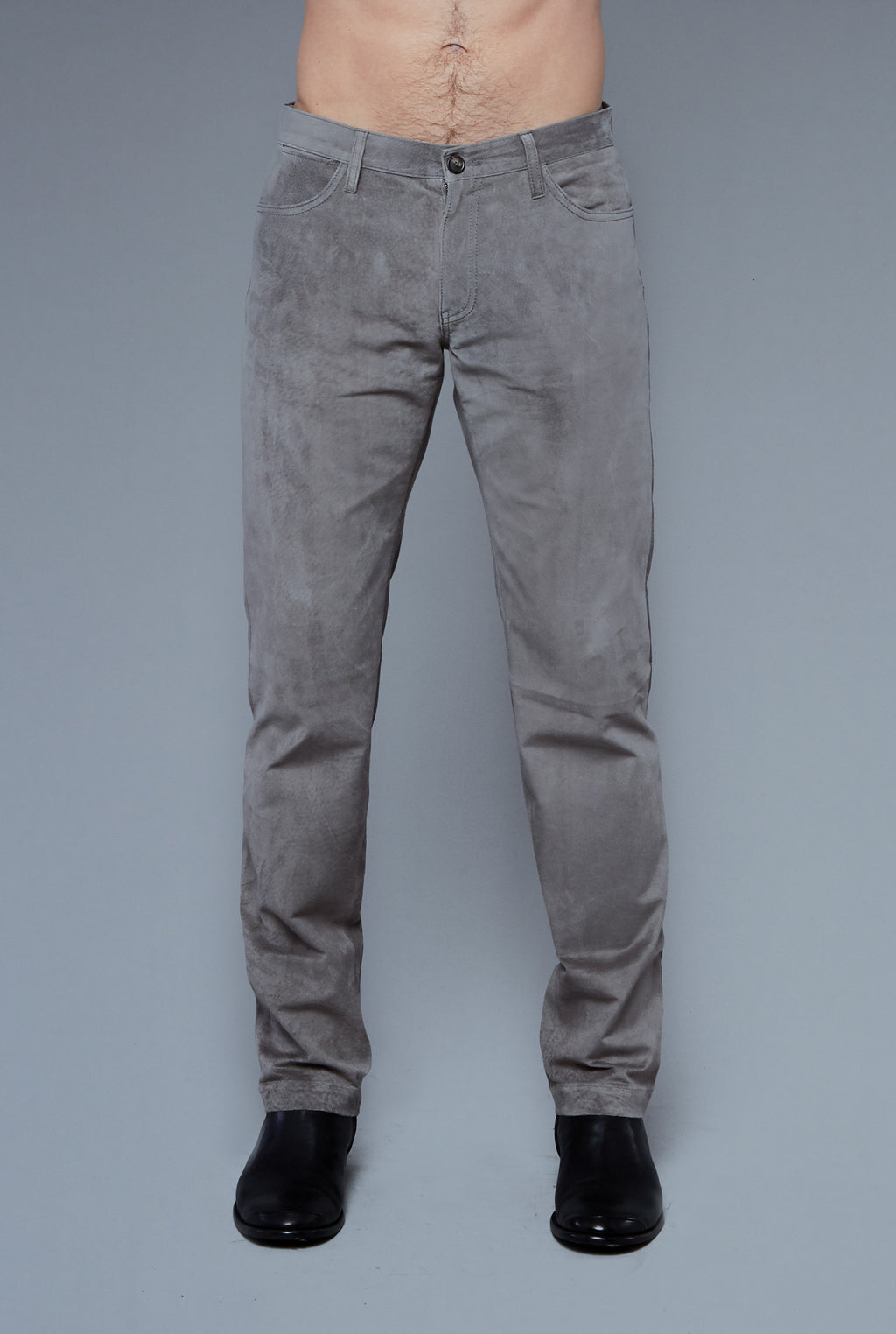 Front View: Model Hans Weiner wearing Suede 5 Pocket Pants