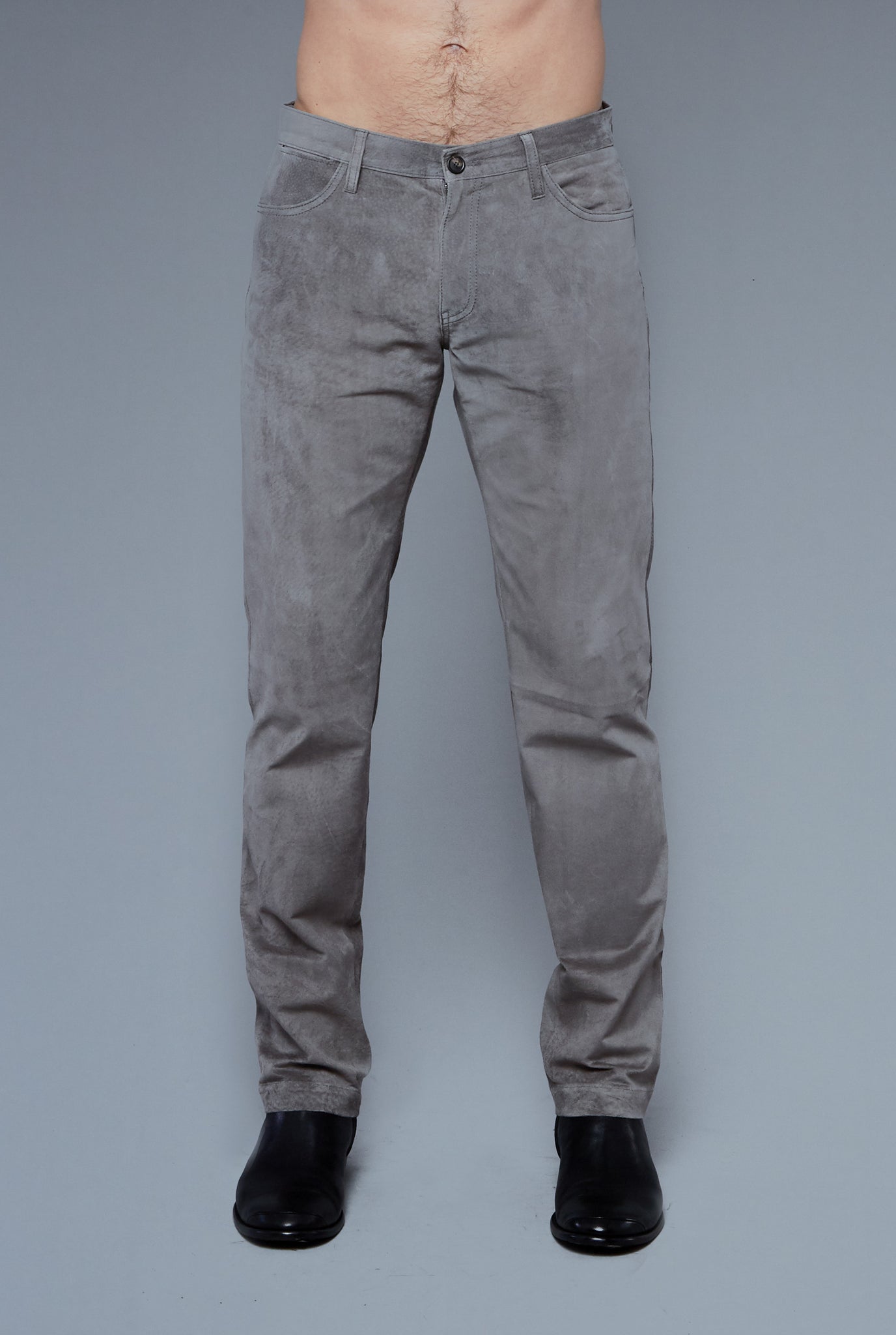 Front View: Model Hans Weiner wearing Suede 5 Pocket Pants