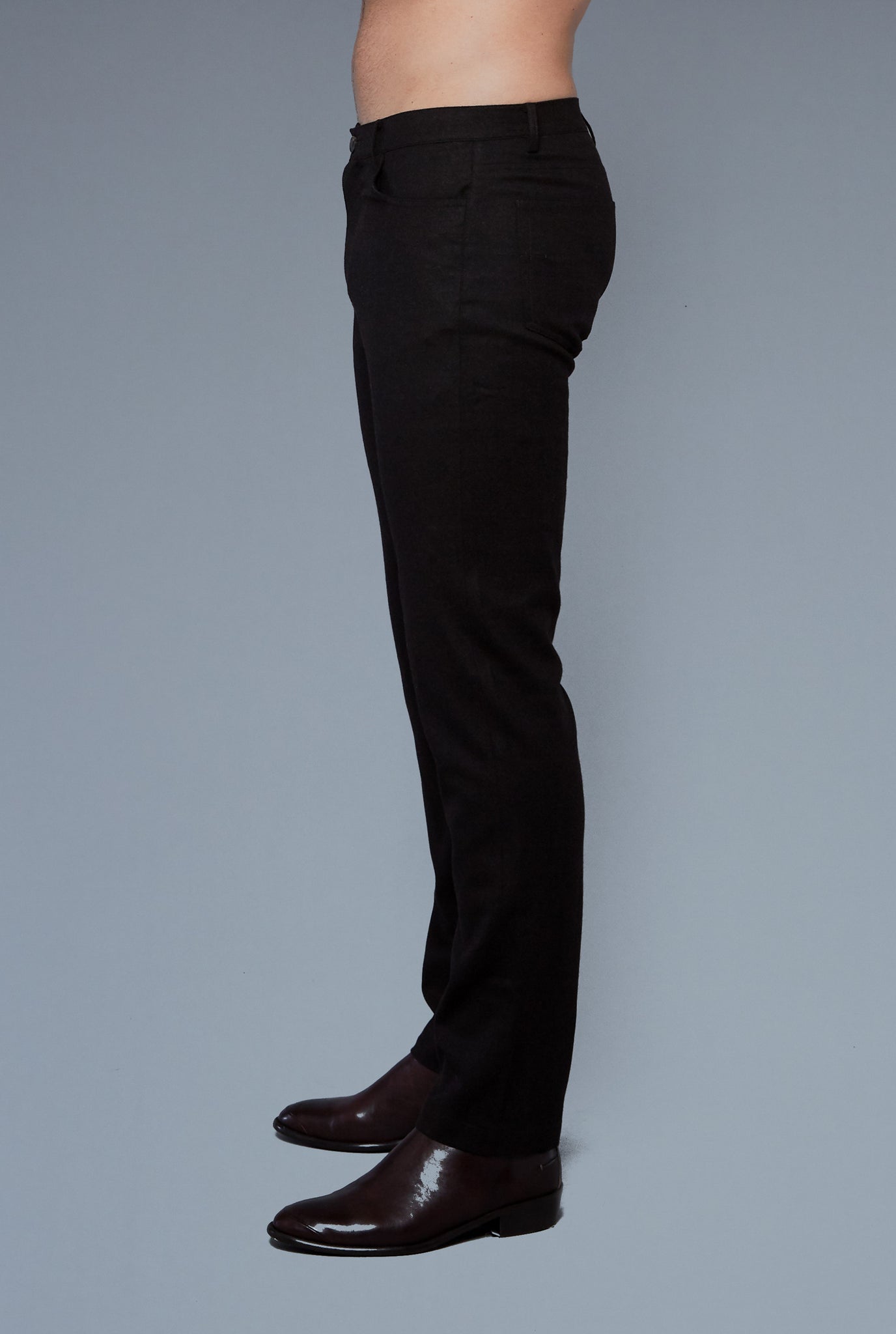 Side View: Model Hans Weiner wearing Wool 5 Pocket Pants