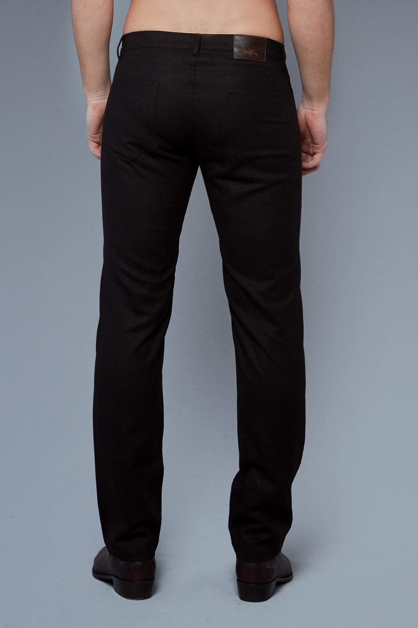 Back View: Model Hans Weiner wearing Wool 5 Pocket Pants