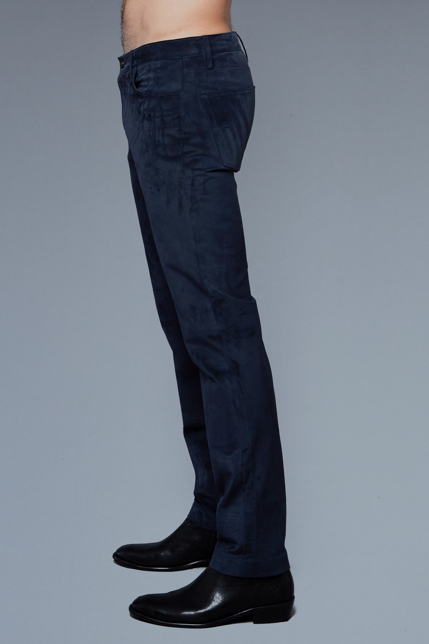 Side View: Model Hans Weiner wearing Suede 5 Pocket Pants