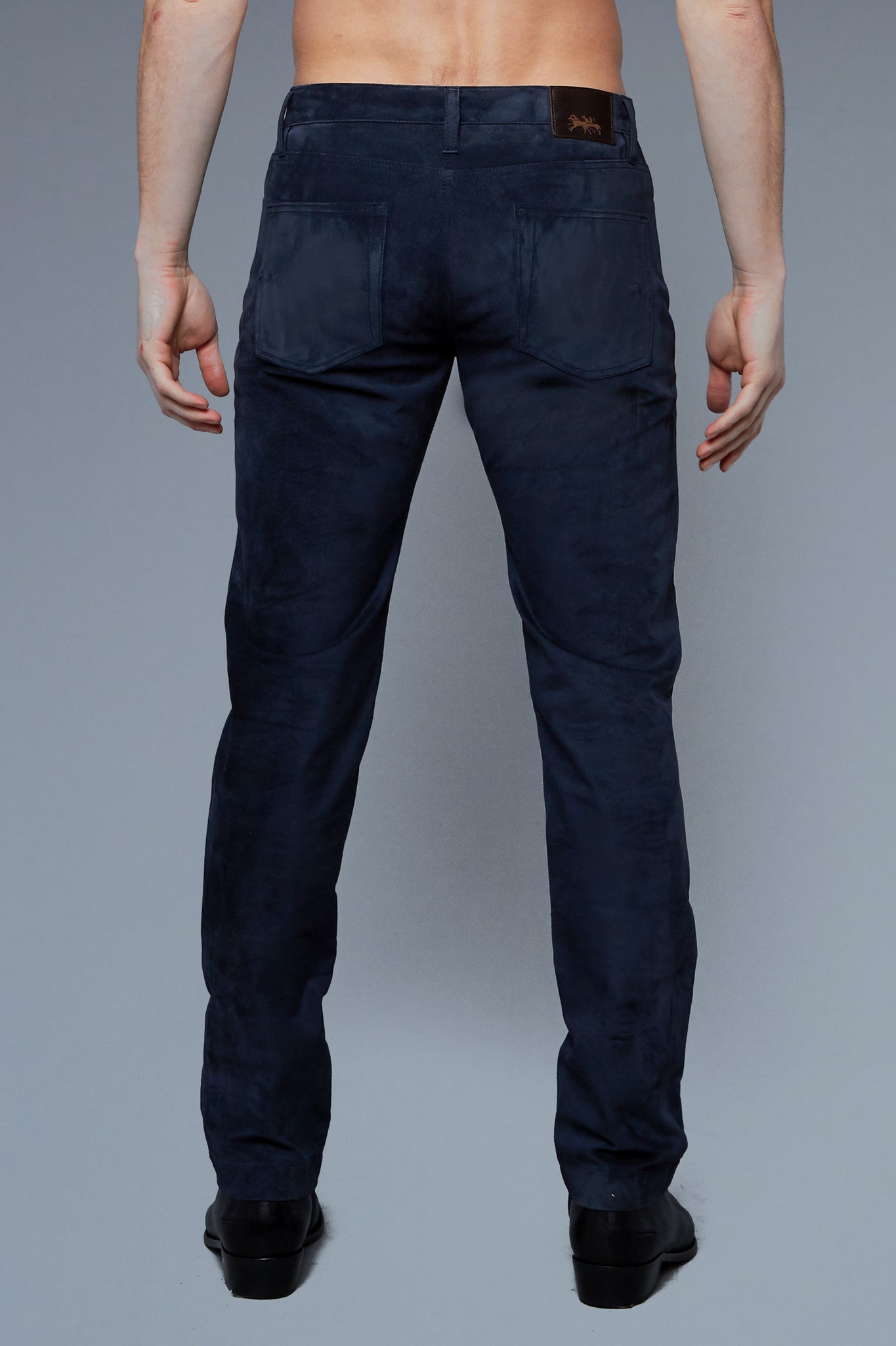 Back View: Model Hans Weiner wearing Suede 5 Pocket Pants