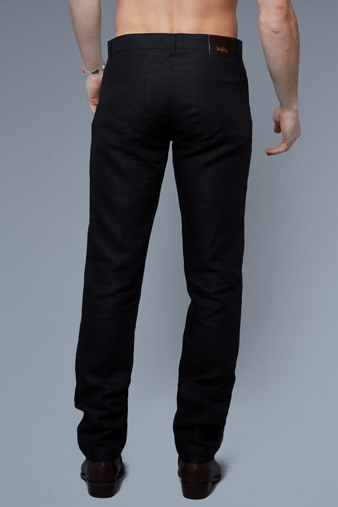 Back View: Model Milos Drago wearing Linen 5 Pocket Pants