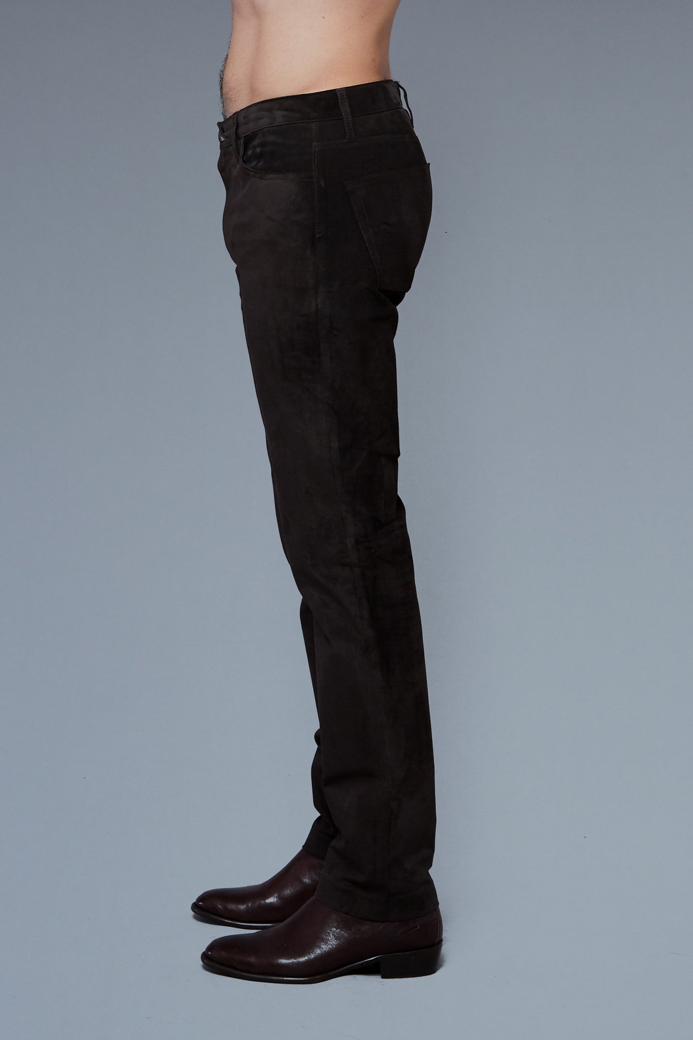 Side View: Model Hans Weiner wearing Suede 5 Pocket Pants